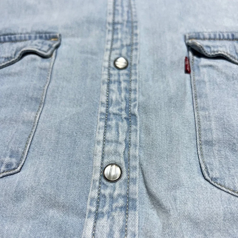Levis Mens XXL Light Wash Denim Long Sleeve Western Pearl Snap Button Shirt Std